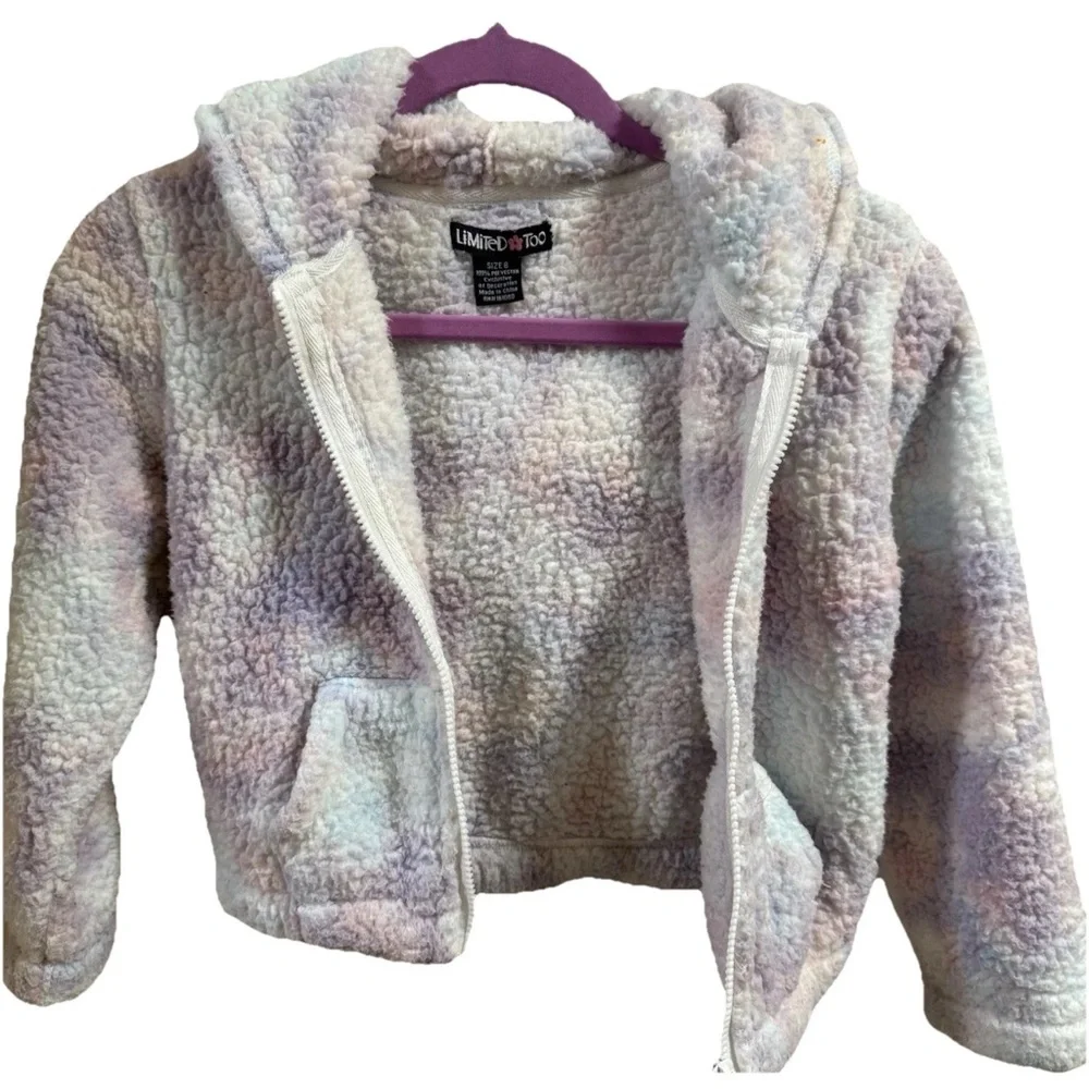 Limited Too Girls Sz 8 Sherpa Pastel Tie Dye Hooded Zip Up Jacket Pockets Spring